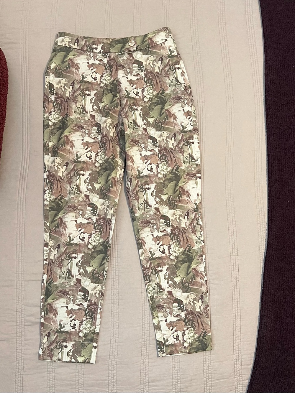 Signe Paris Straight Leg Asian Inspired Print Pants Green Brown Chinoiserie
